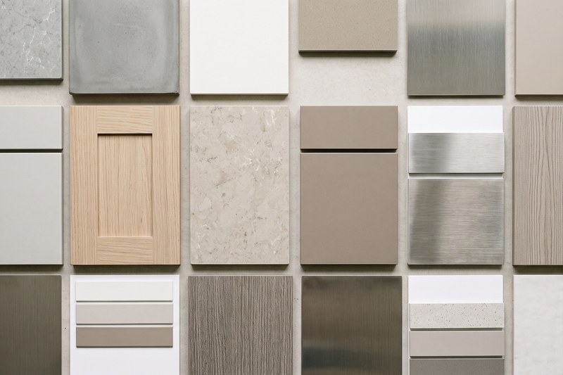 Kitchen countertop and cabinet finish samples arranged on a table