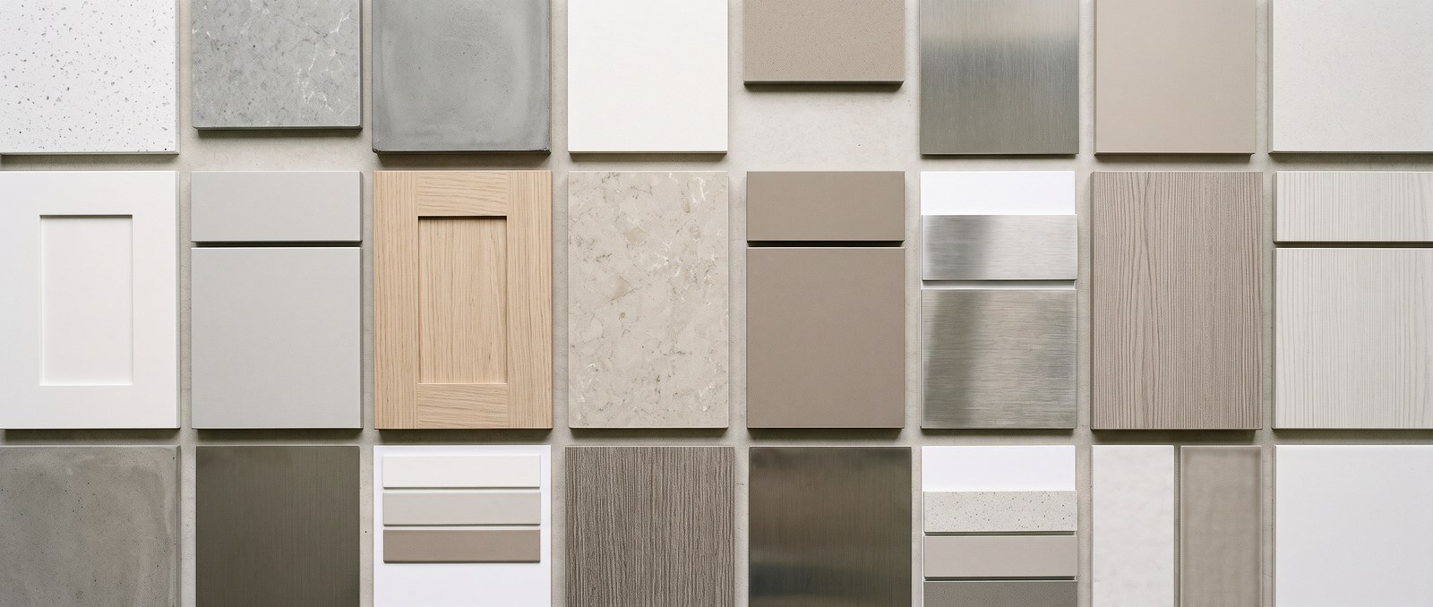 Kitchen countertop and cabinet finish samples arranged on a table