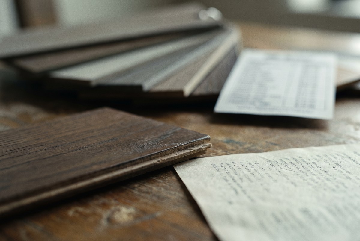 Flooring and cabinet finish samples with a price sheet, shallow depth of field