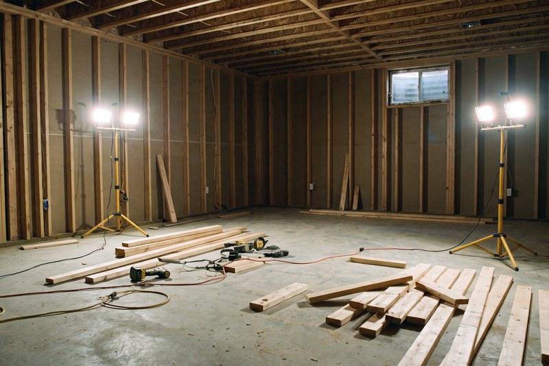 An unfinished basement with framing ready for future development