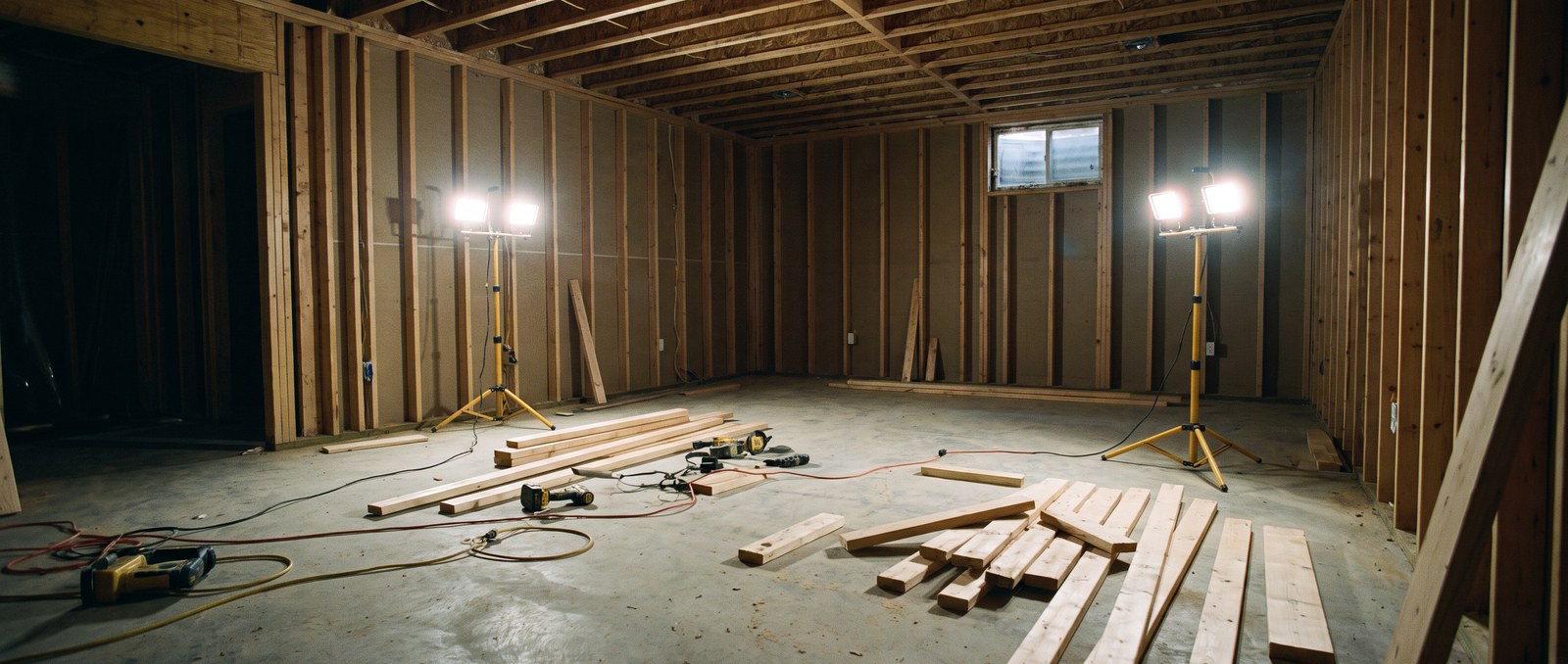 An unfinished basement with framing ready for future development