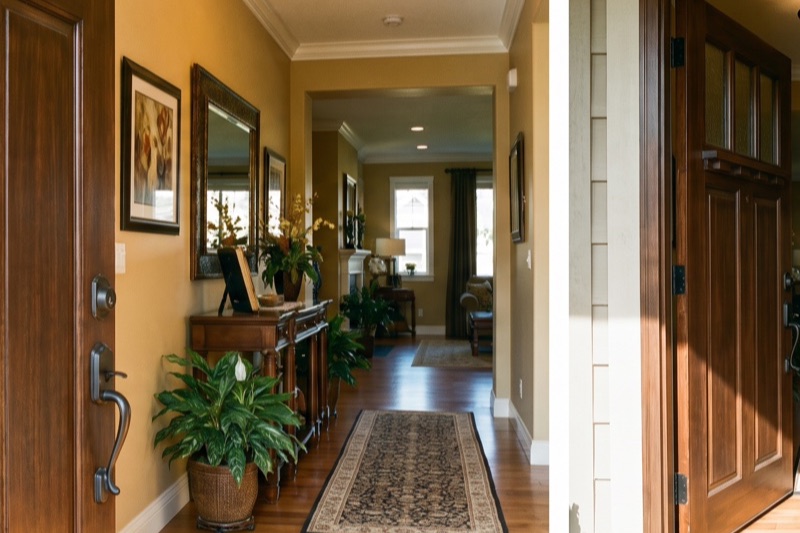 Welcoming show-home entrance foyer with an open front door