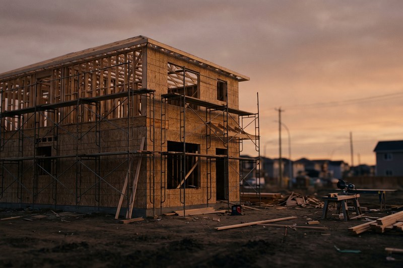 A partially-built new-construction home frame with scaffolding at dusk