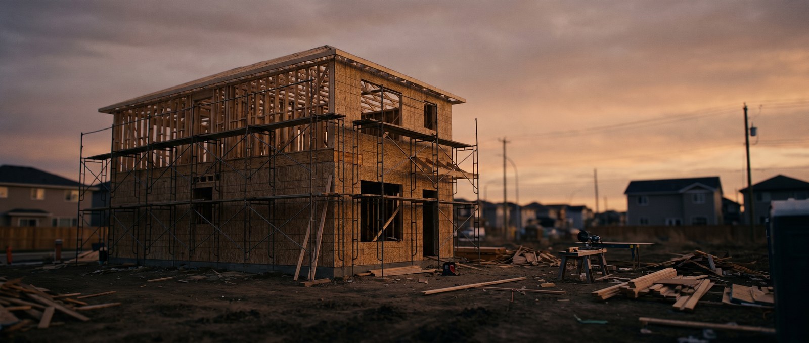 A partially-built new-construction home frame with scaffolding at dusk