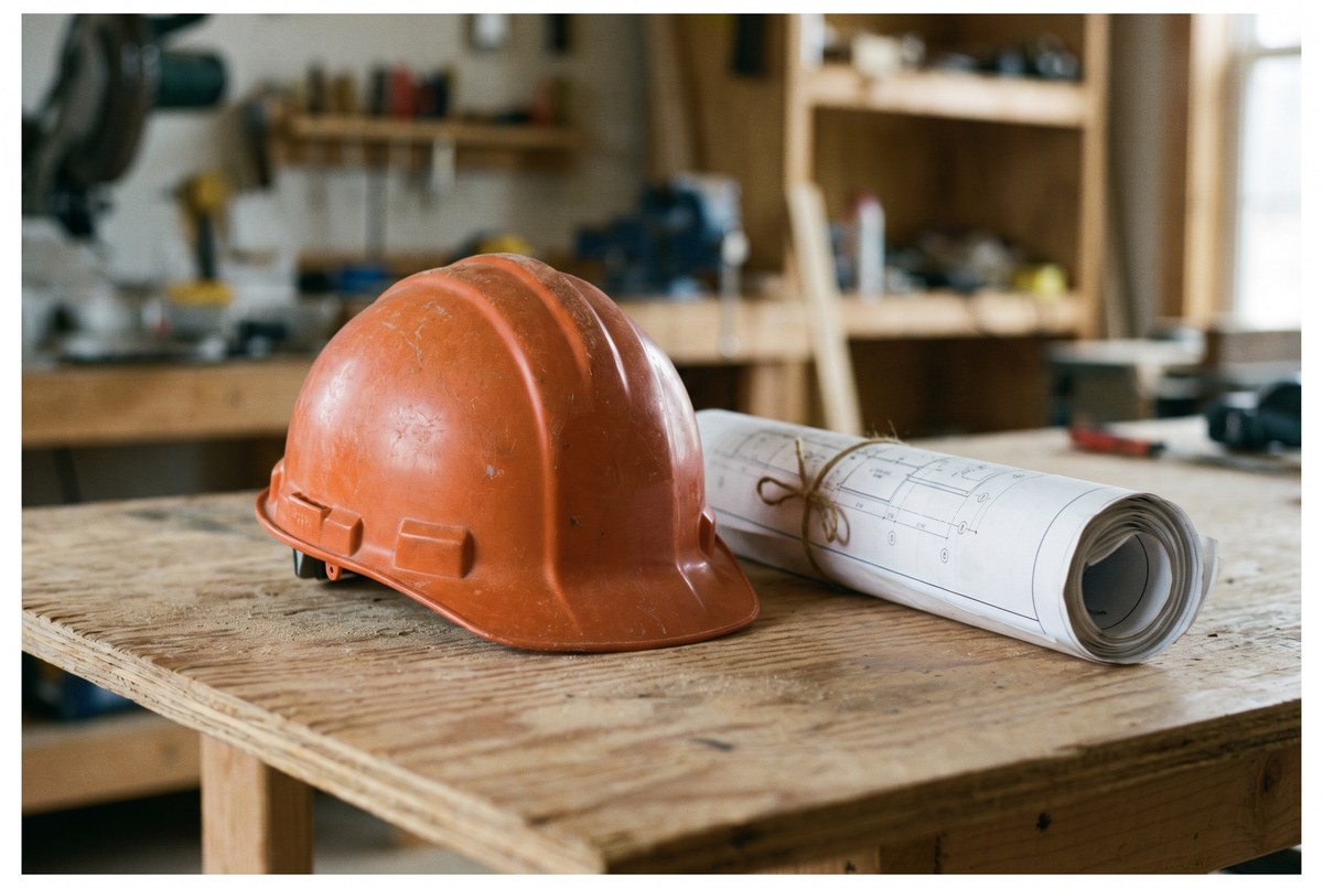 A hard hat and blueprint on a construction site table