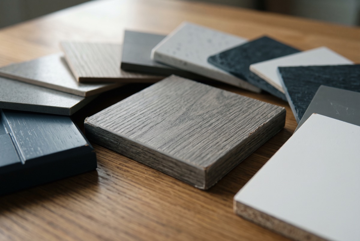 Small kitchen cabinet and countertop finish material samples on a table