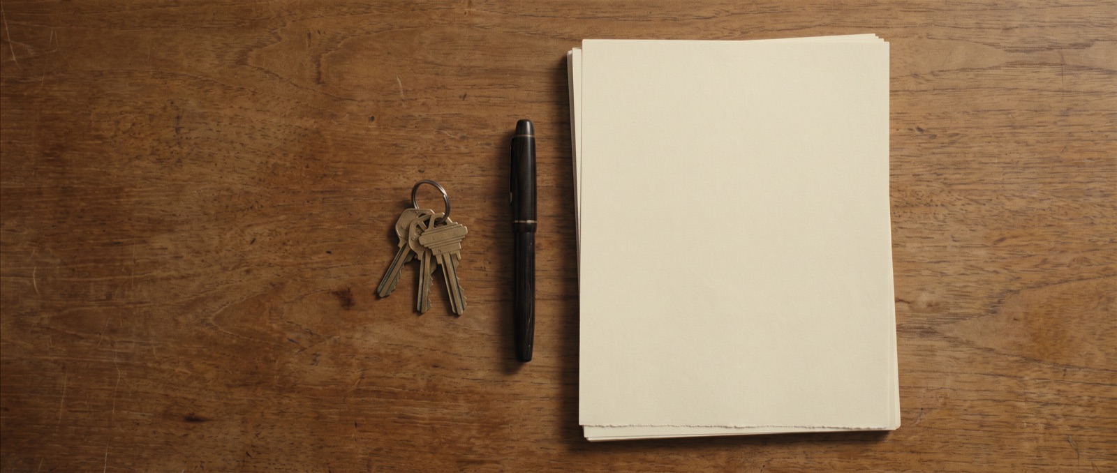 Flat-lay of house keys, a fountain pen, and blank documents on a wooden desk