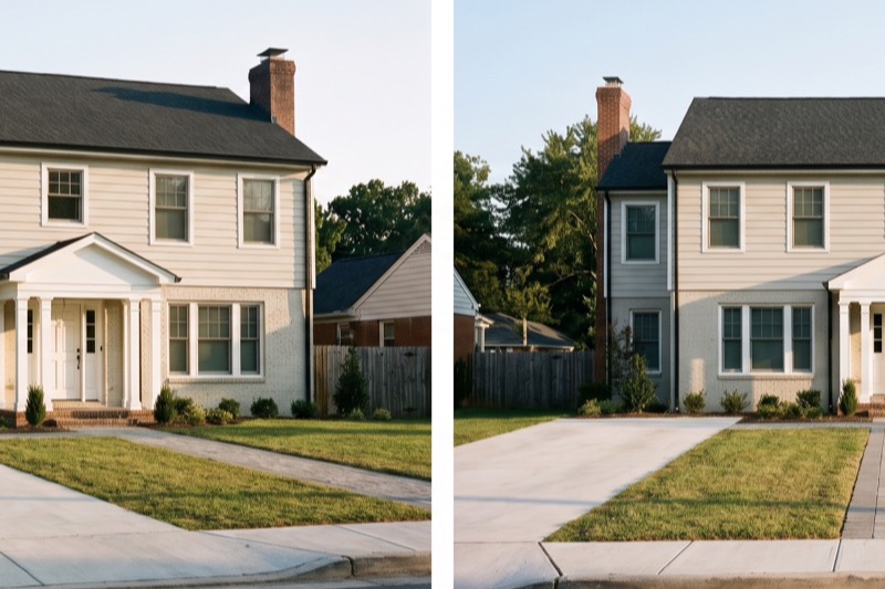 New-construction show home exterior with driveway