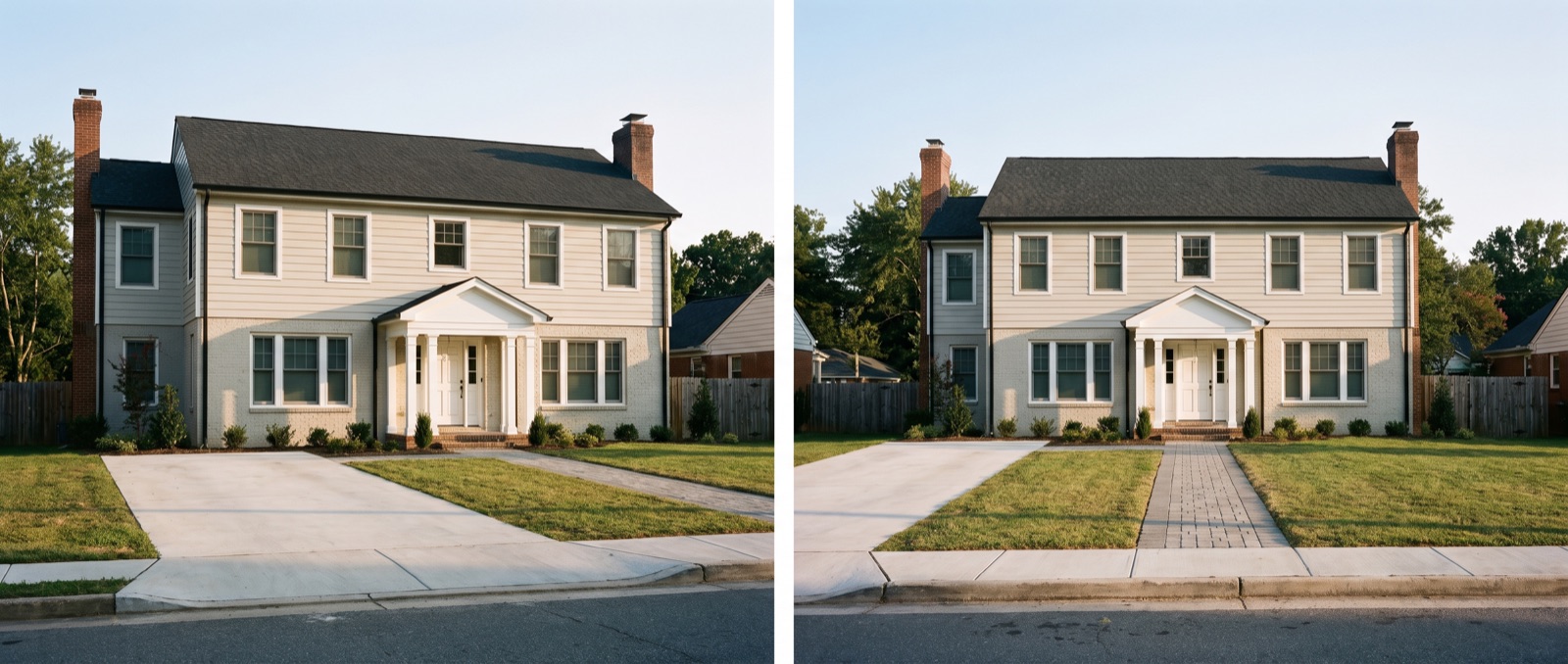 Modern new-construction show home exterior with driveway, daytime