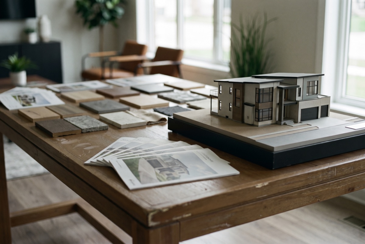 Builder's sales-centre display table with an architectural model home