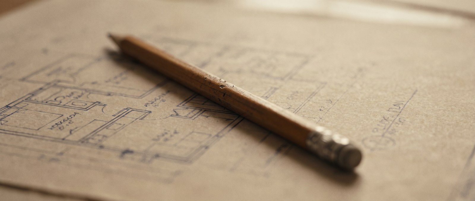 A hand-drawn floor plan on a table with a pencil