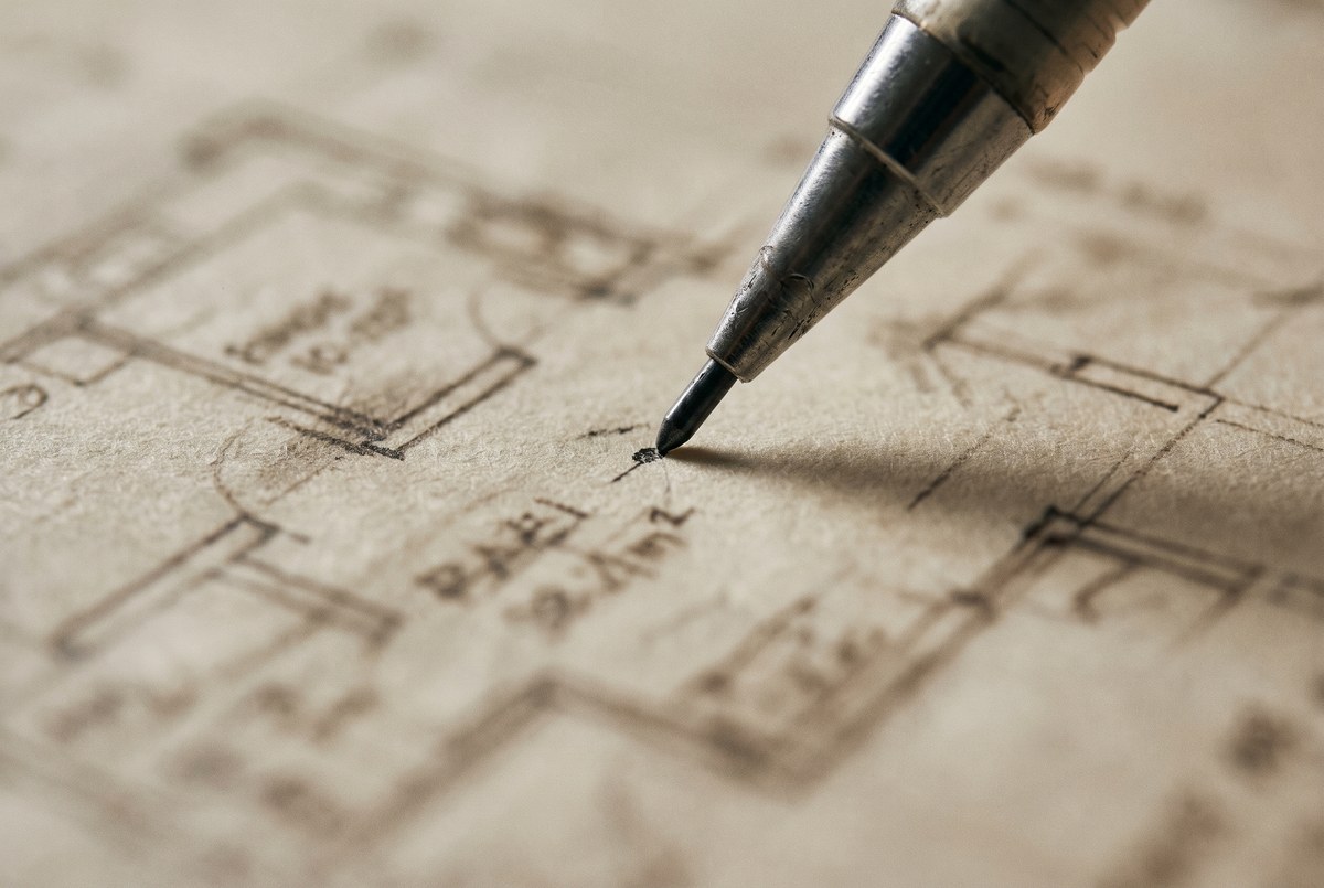 A pencil marking a change on a hand-drawn floor plan, shallow depth of field