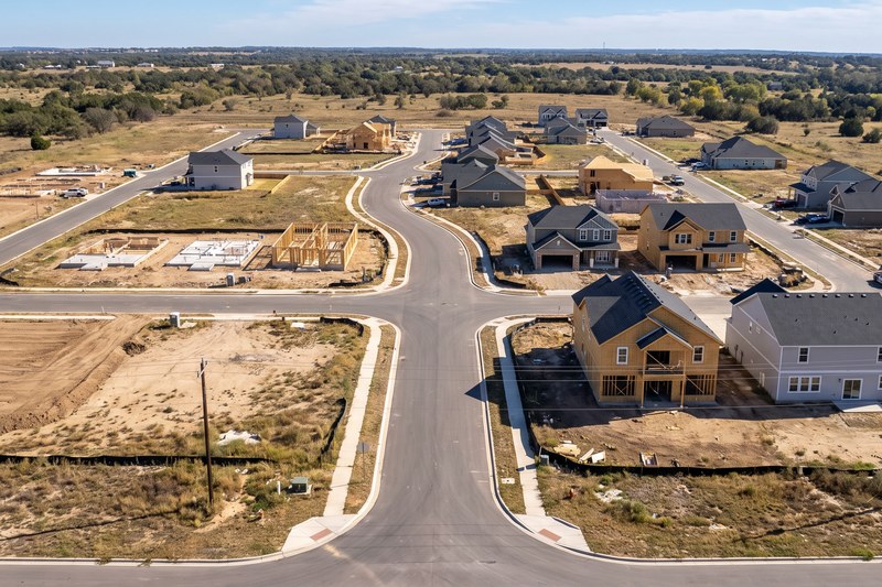 An aerial view of a partially-built new-construction Edmonton community with some finished homes and open lots
