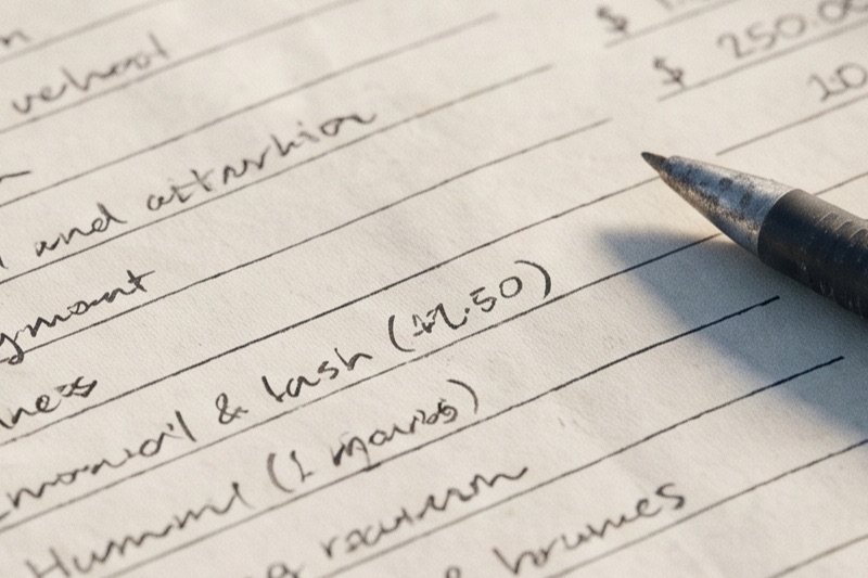 A budget checklist, calculator, house keys, and pen on a desk