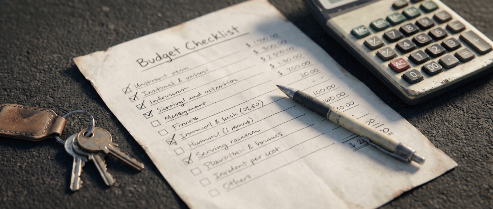 A budget checklist, calculator, house keys, and pen on a desk
