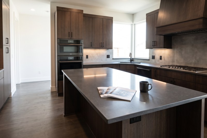 A person comparing two builder brochures side by side at a kitchen table
