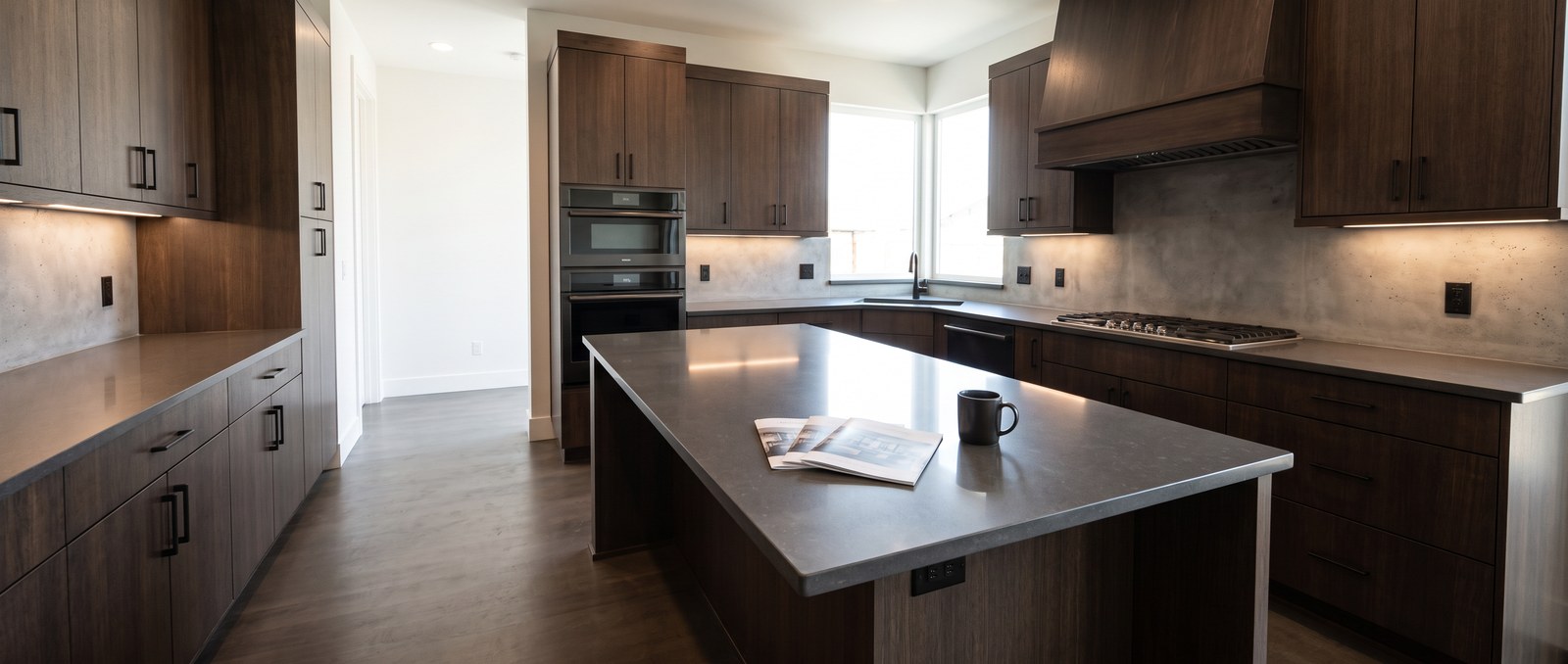 A person comparing two builder brochures side by side at a kitchen table