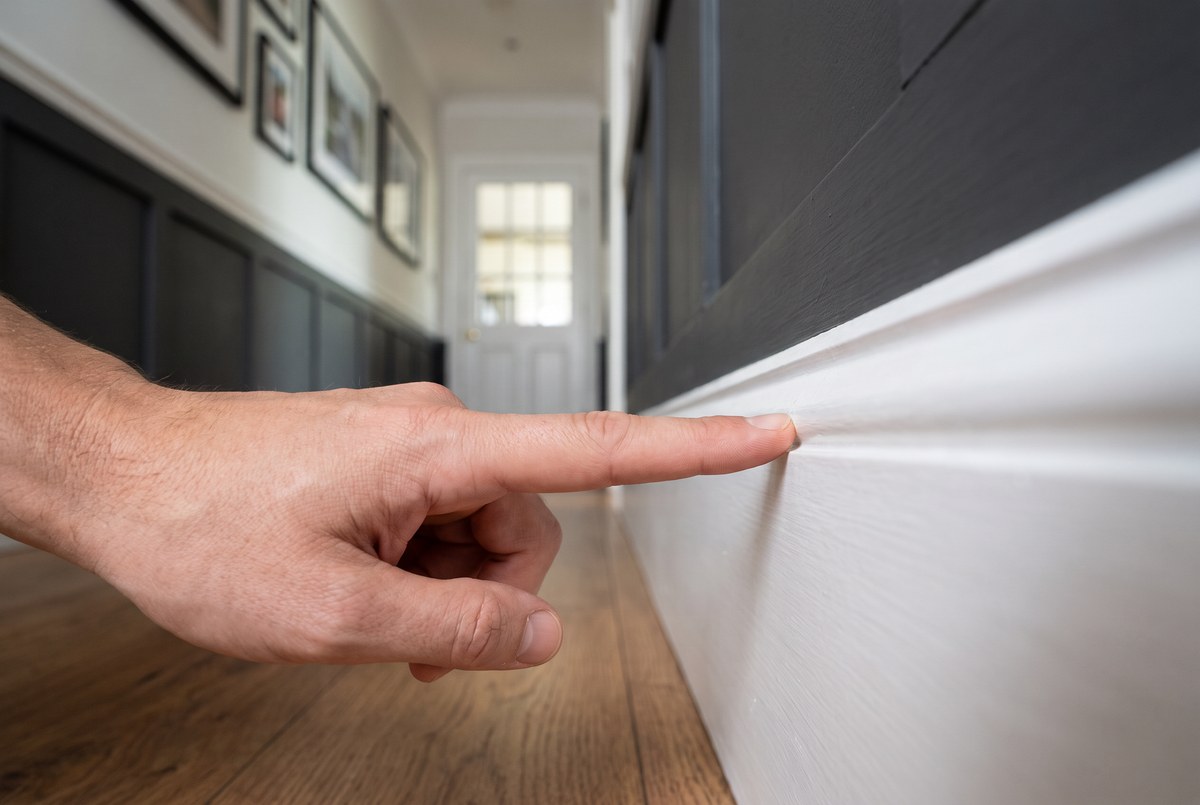 A hand pointing at trim and baseboard detail in a finished home hallway