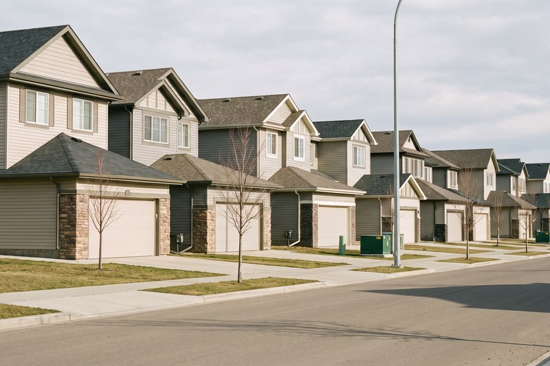 A modest new-construction home exterior in Edmonton at golden hour