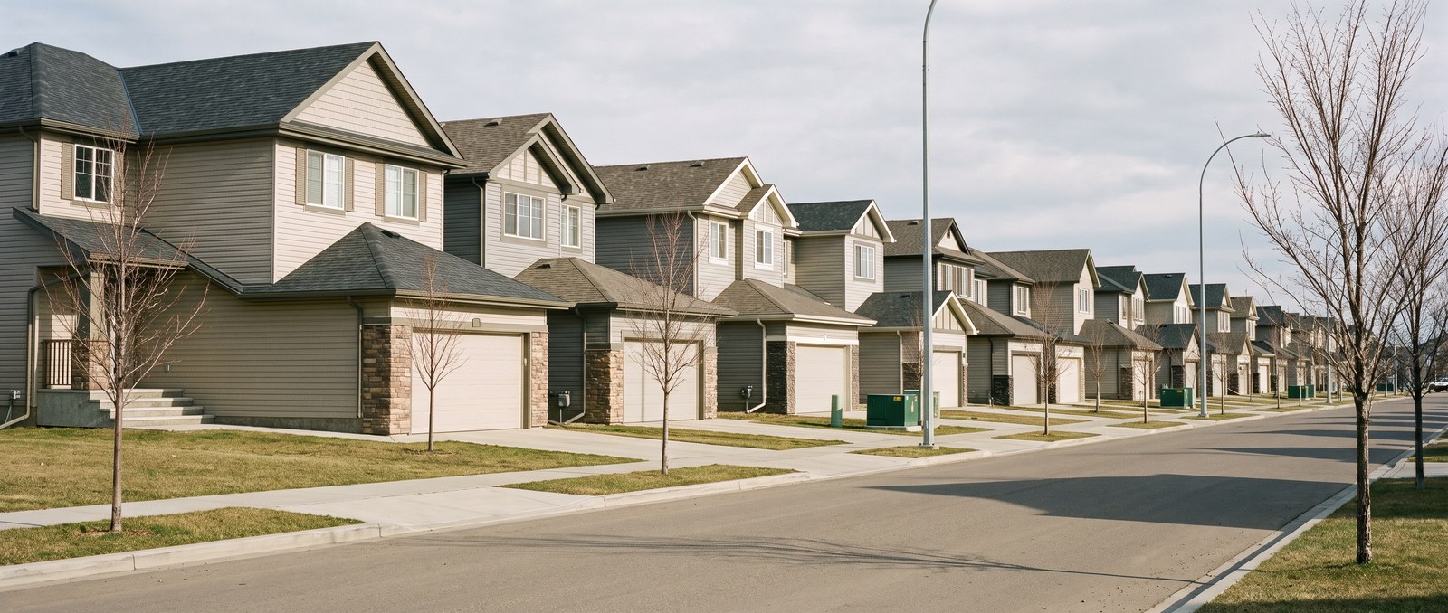 A modest new-construction home exterior in Edmonton at golden hour