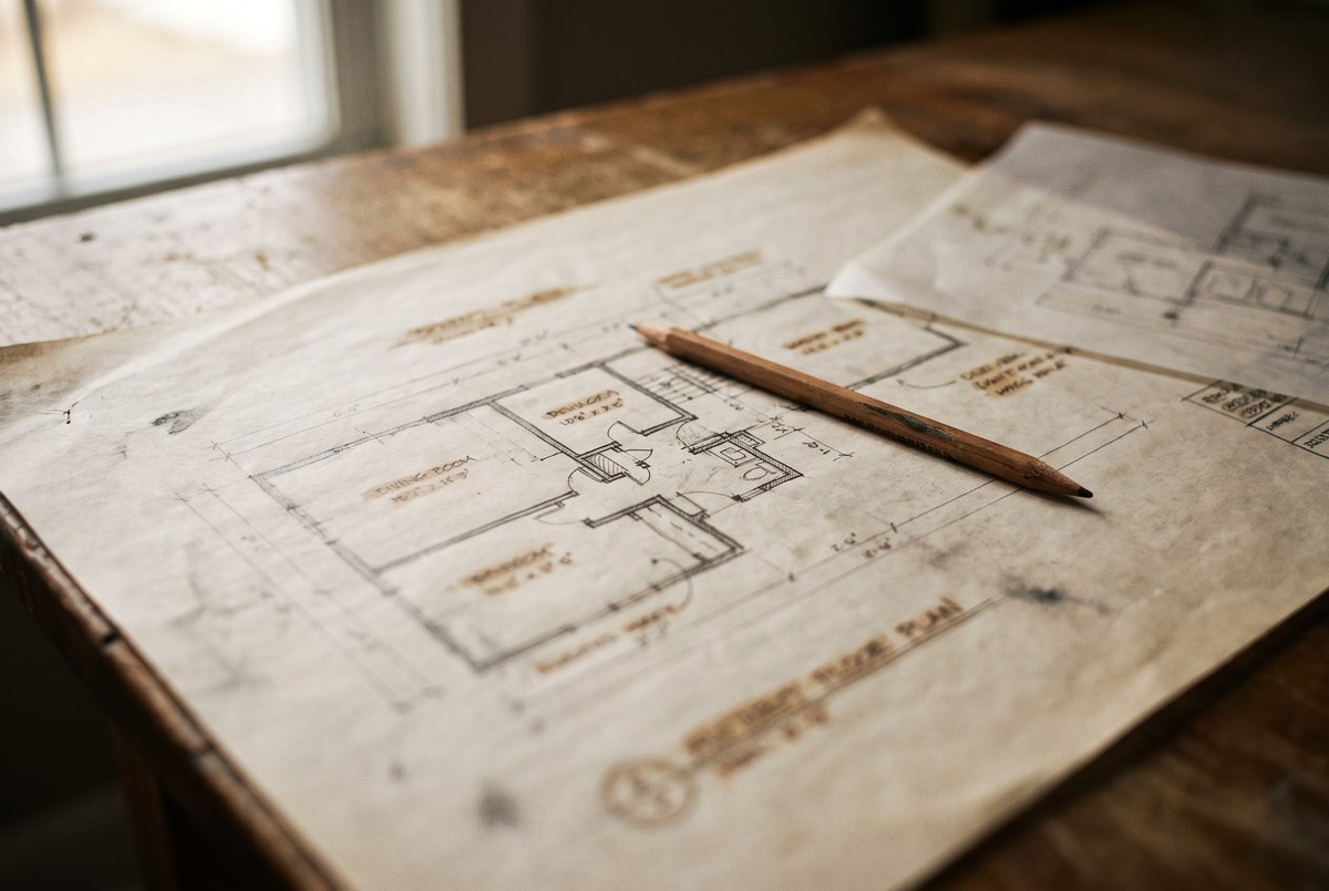 A hand-drawn floor plan on a table with a pencil, shallow depth of field