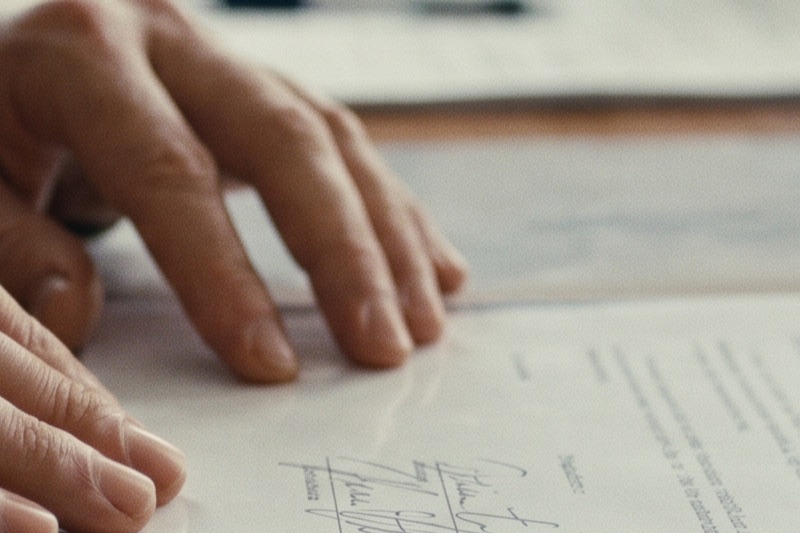 Hands placing a signed document into a protective folder
