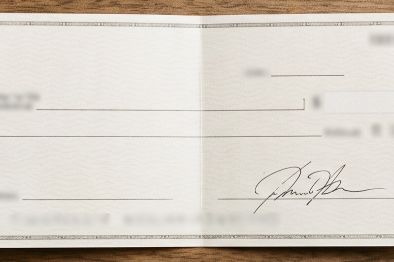 A bank cheque, desk calendar, and pen arranged on a wooden desk