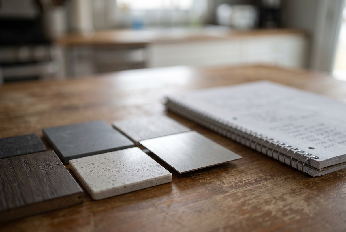 A notepad with a prioritized upgrade list next to kitchen finish samples