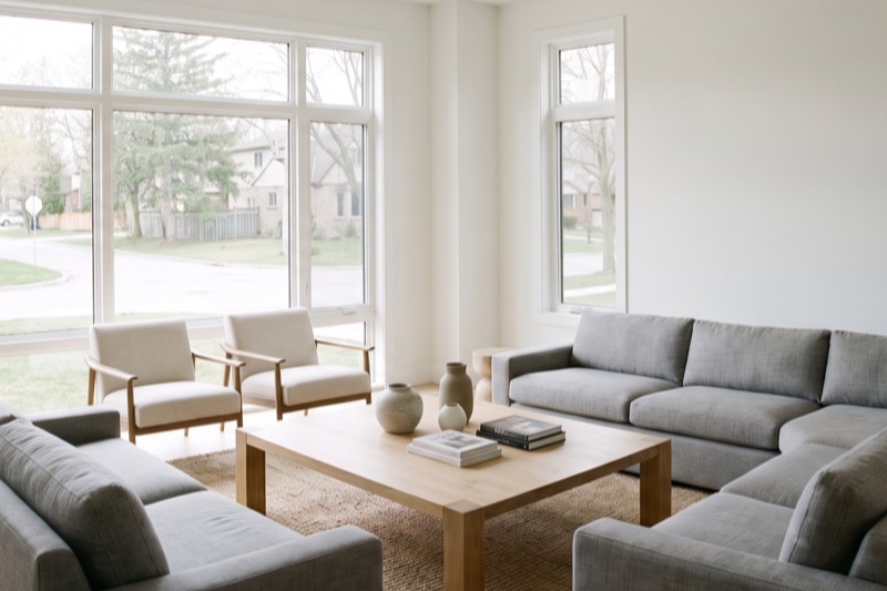 Bright new-construction show-home living room with large windows