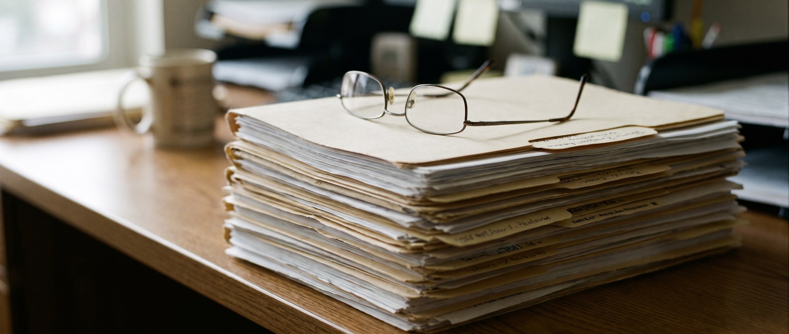 A stack of organized document folders on a desk being prepared for a lawyer review