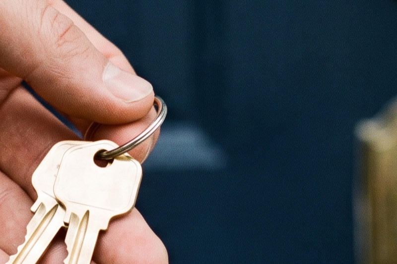 A hand holding new house keys near the front door of a modest new-construction home