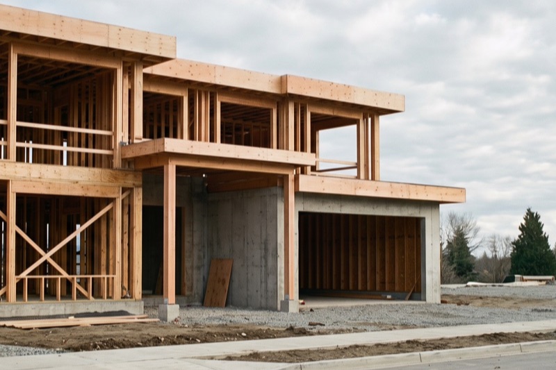 New-construction home at the framing stage under golden hour light