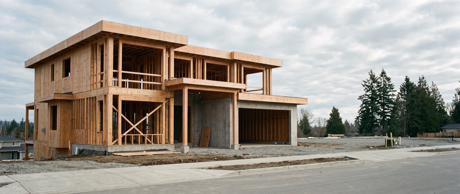 New-construction home at framing stage under golden hour light