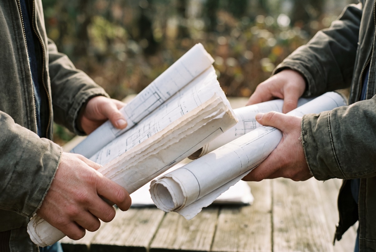 Hands holding rolled architectural blueprints outdoors near a construction site