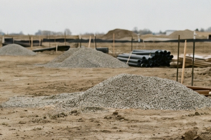 A vacant new-construction lot with surveyor stakes in a suburban Edmonton subdivision