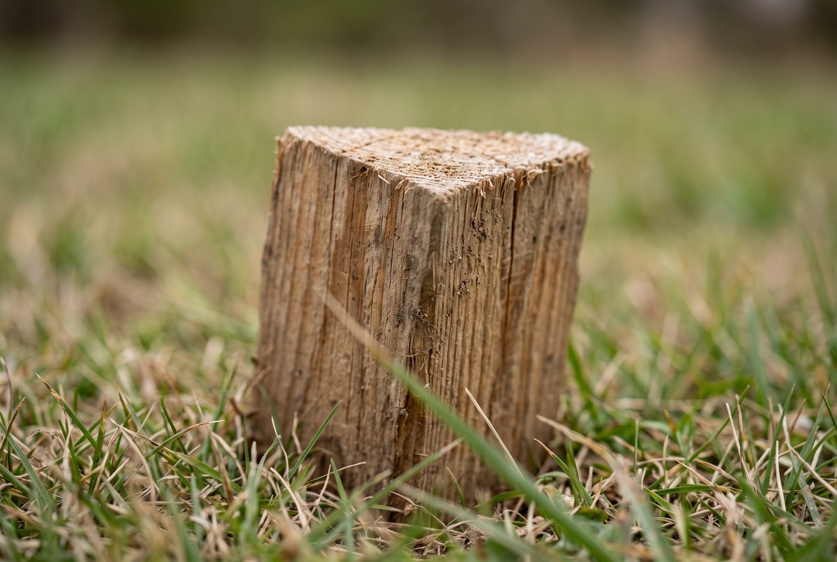 A survey stake marking the boundary corner of a new-construction lot
