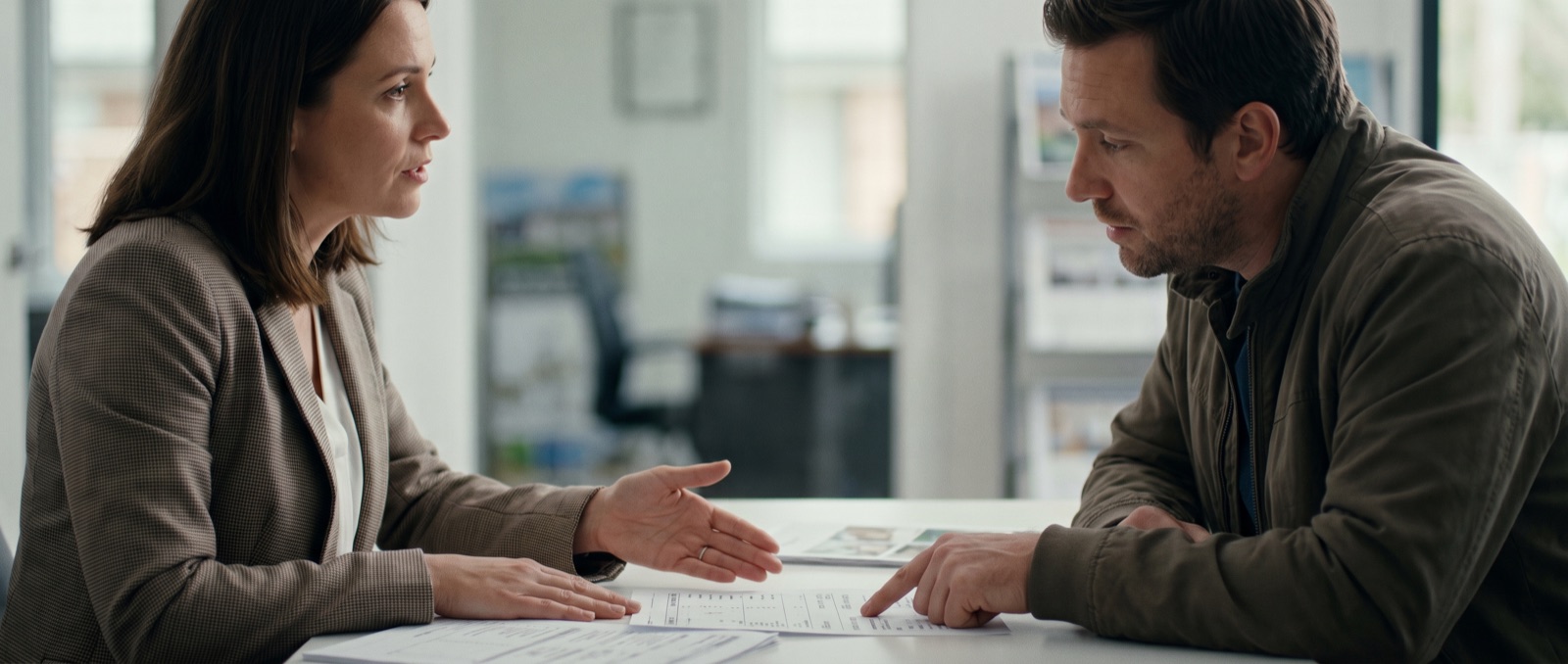 A builder's sales representative and a buyer discussing a price sheet at a table