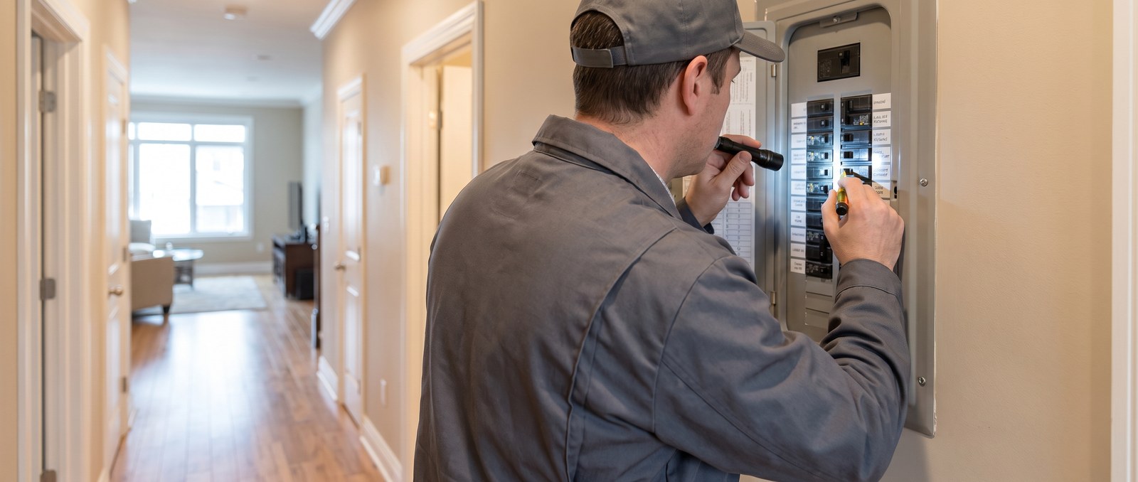 A home inspector examining an electrical panel in a newly-built Edmonton home