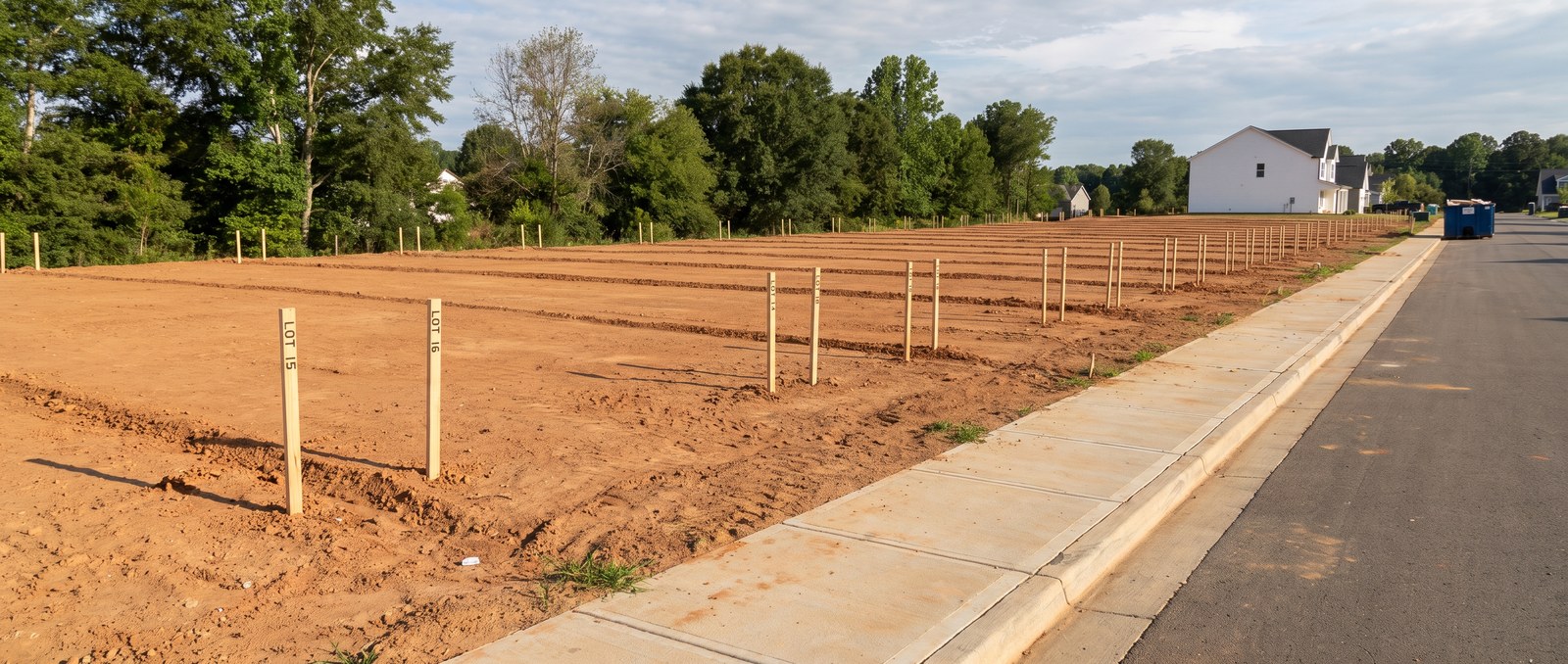 A vacant new-construction lot with surveyor stakes and a compass overlay