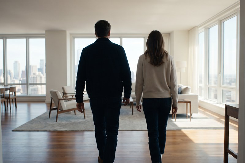 A buyer and builder representative walking through a finished new-construction home with a checklist