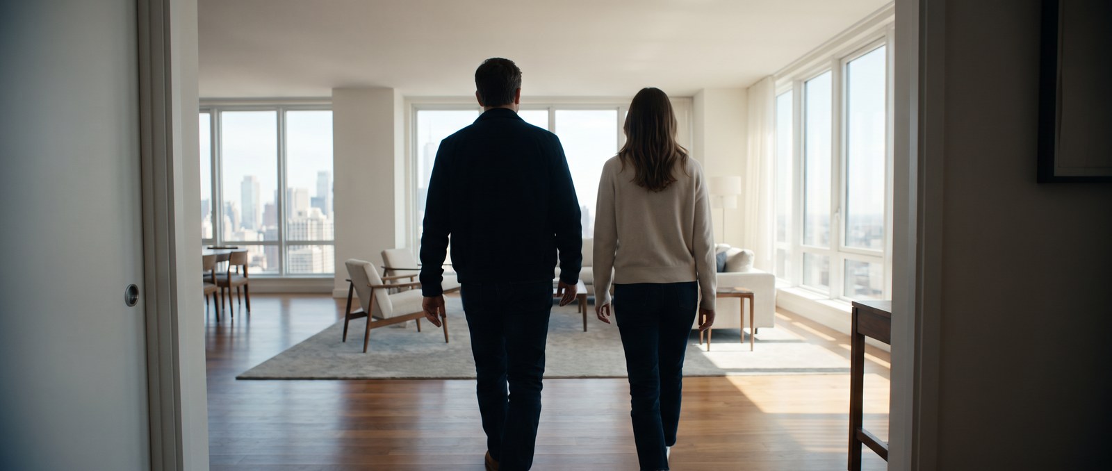 A buyer and builder representative walking through a finished new-construction home with a checklist