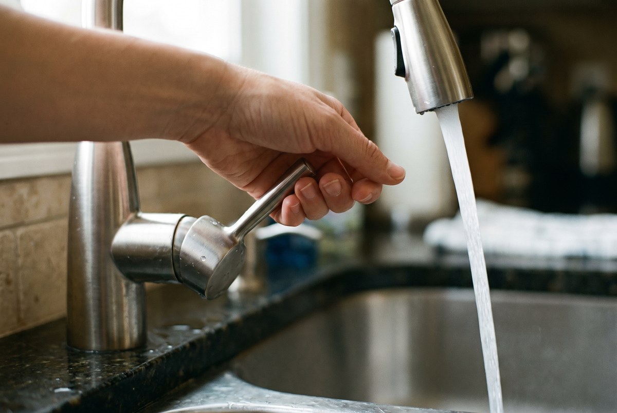 A hand testing a kitchen faucet during a new-home walkthrough
