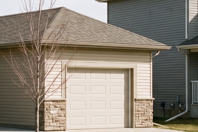 Two modest new-construction homes of different sizes side by side on a suburban street