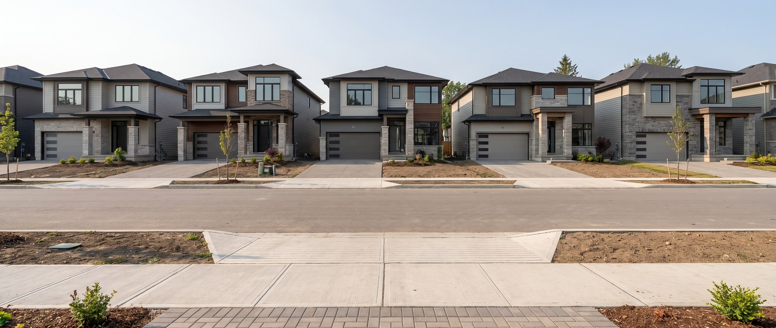 A clipboard checklist in front of a nearly-finished new-construction home
