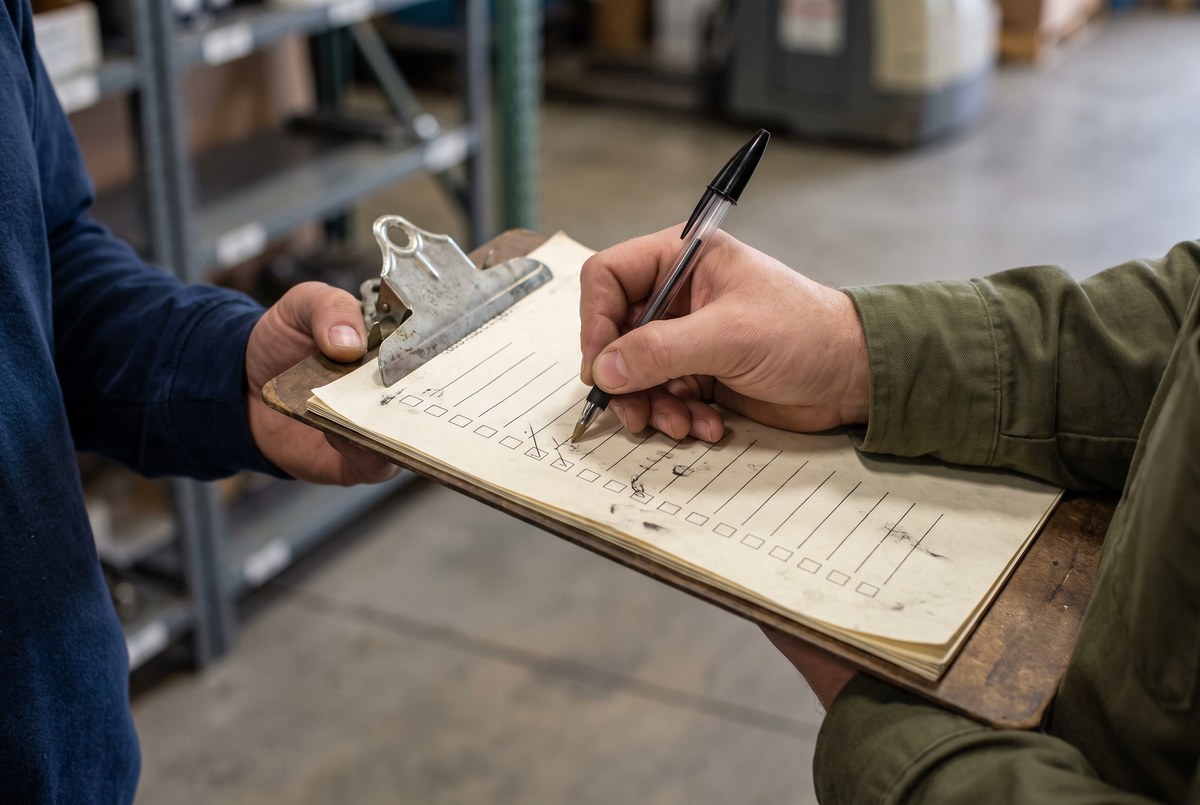 A builder and buyer reviewing a checklist together inside a nearly-finished new home