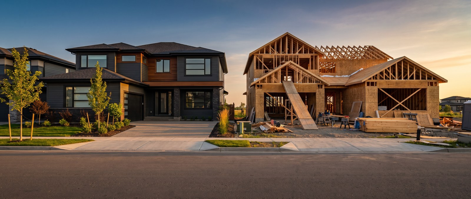 A finished quick-possession show home beside an early-framing new-construction home on the same Edmonton street