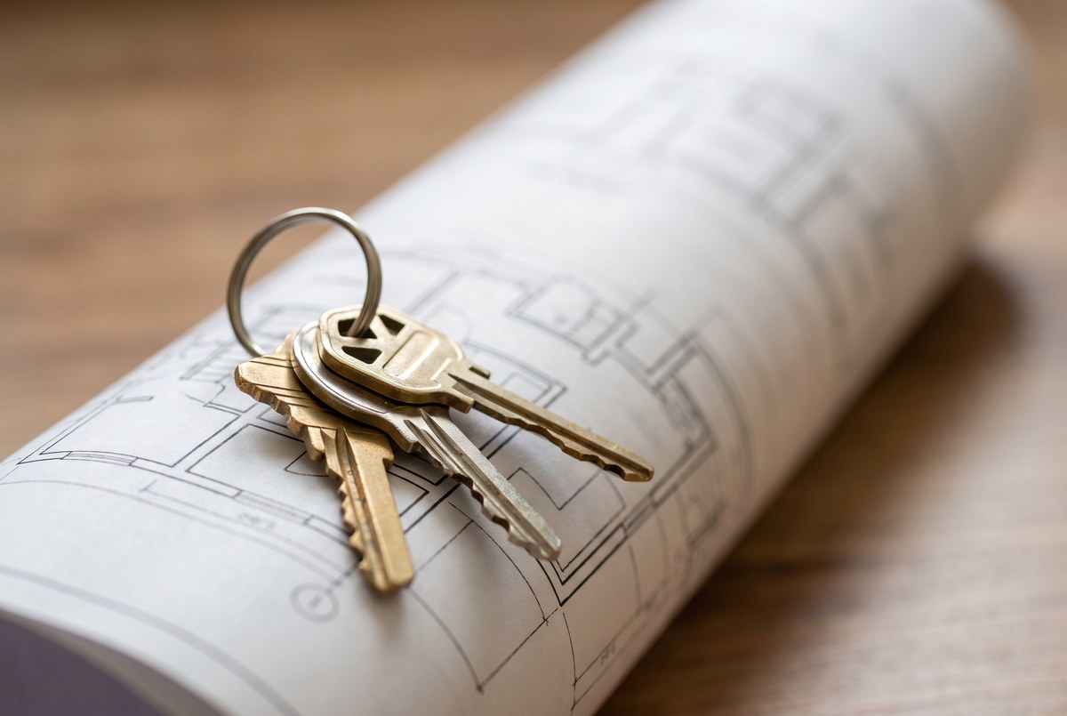 A set of house keys resting on a rolled-up floor plan blueprint
