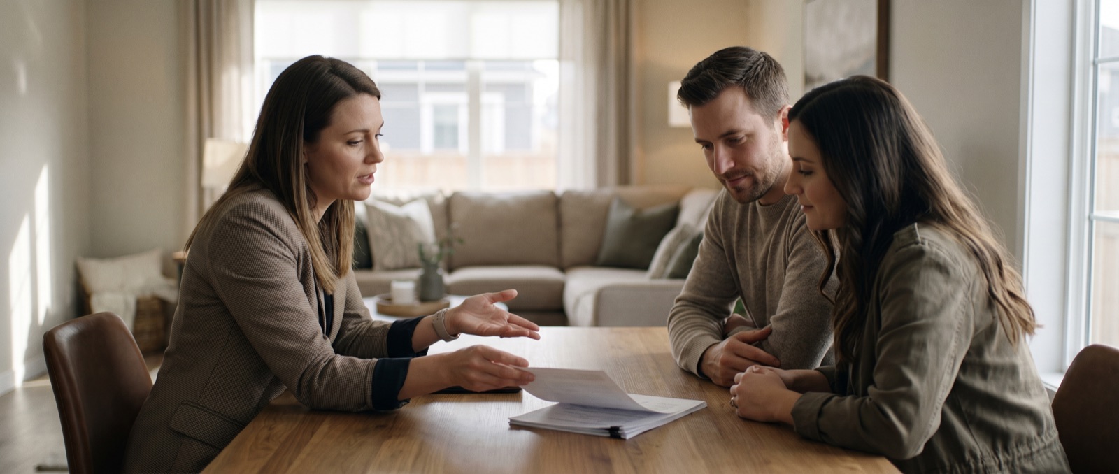 A sales representative sitting across a table from a couple, reviewing documents