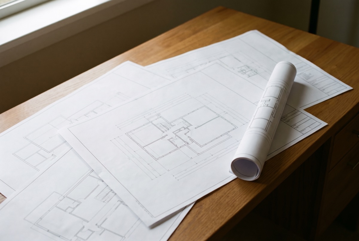 Architectural plans and drawings spread across a desk