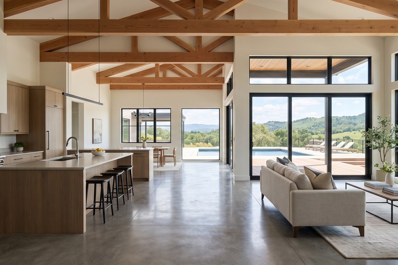 A staged new-construction show home living room with designer furniture